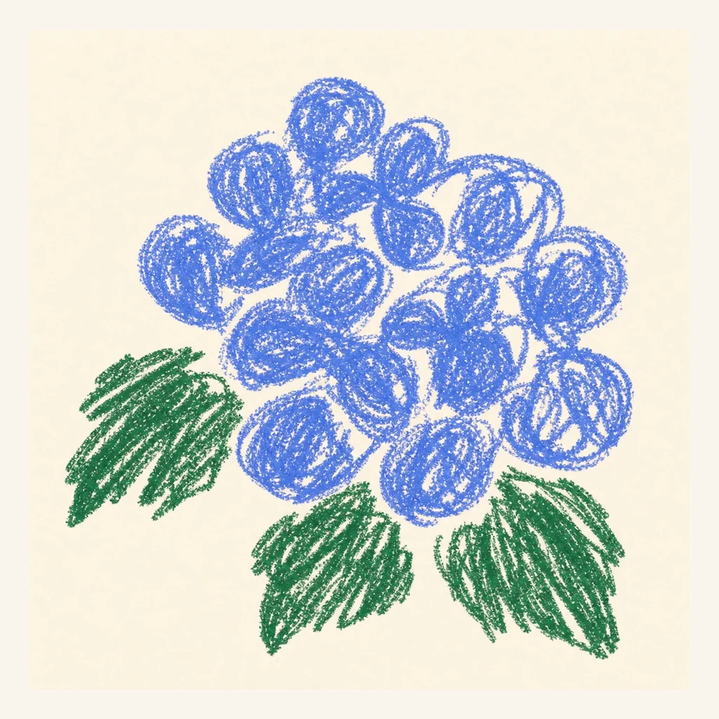 青いアジサイの花房のらくがき表示